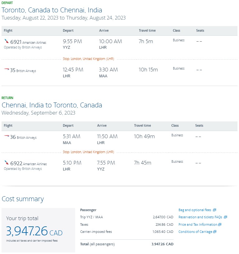 India Biz Class From To Usd R T From Canada First