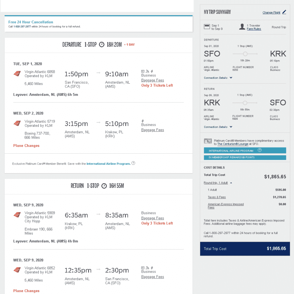 New Business Class Fares To Krakow $2,122   $1,865 (with Amex Iap) From 