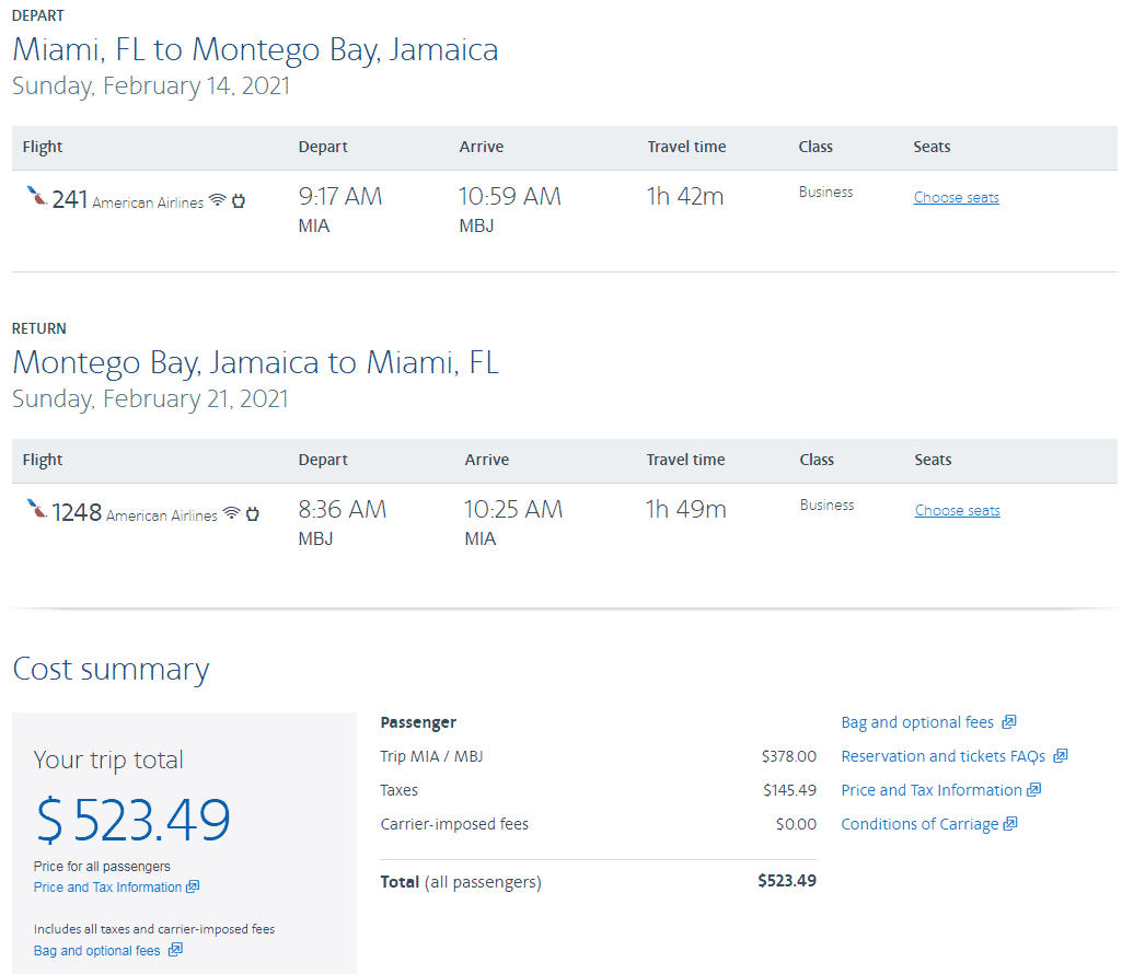 American Airlines MIA-MBJ Sample Trip Summary.PNG - First Class Flyer