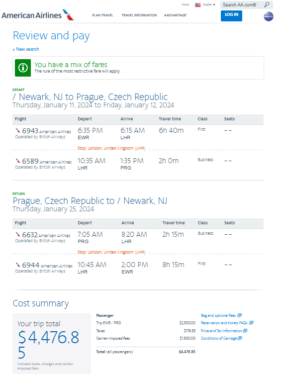 Cash > Prague > All Year > First Class > $4,476 to $5,427 R/T - First ...