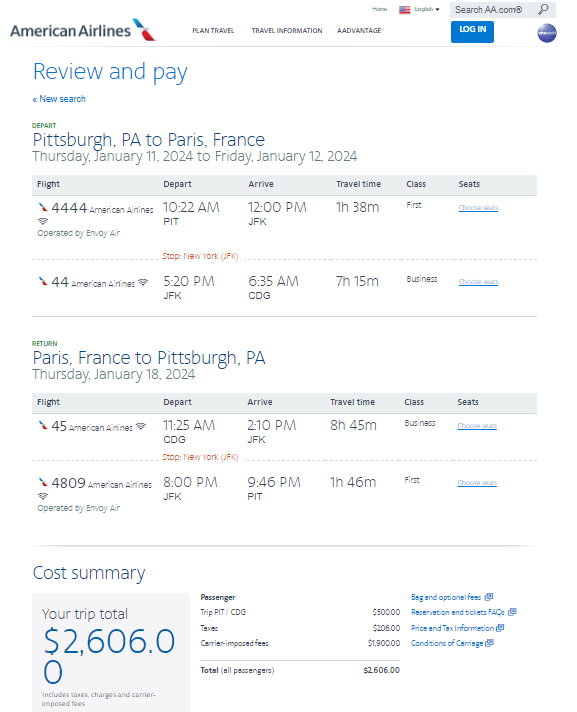 AA PIT-CDG Sample Trip Summary - First Class Flyer