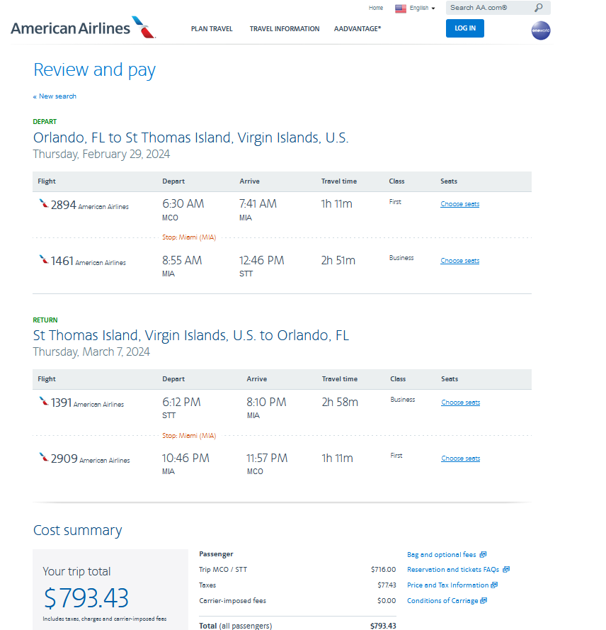 Money > St. Thomas > Spring/Summer > Biz Class > $793 to $1,156 R/T ...