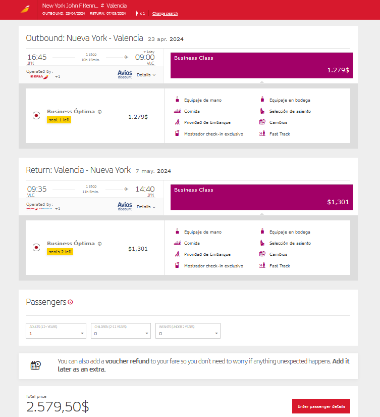 Money > Valencia > Fall/Winter > Biz Class > from New York, Orlando ...