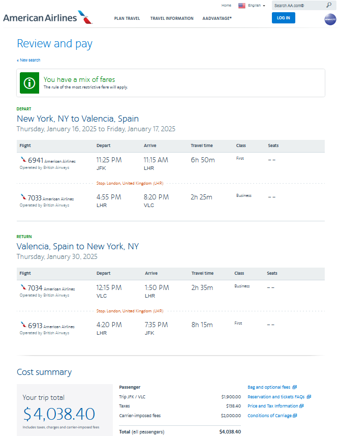 AA JFK-VLC Sample Trip Summary - First Class Flyer